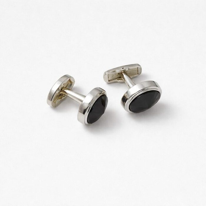 Men’s Polished Silver-Tone Round Cufflinks With Black Faceted Stone