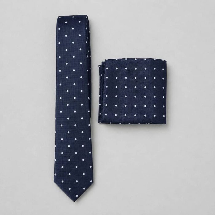 Men’s Polka Dot Neck Tie with Matching Pocket Square – Navy Blue