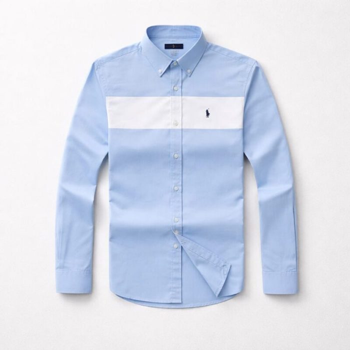 Mens Premium Color Block Oxford Long Sleeve Shirt Sky Blue White