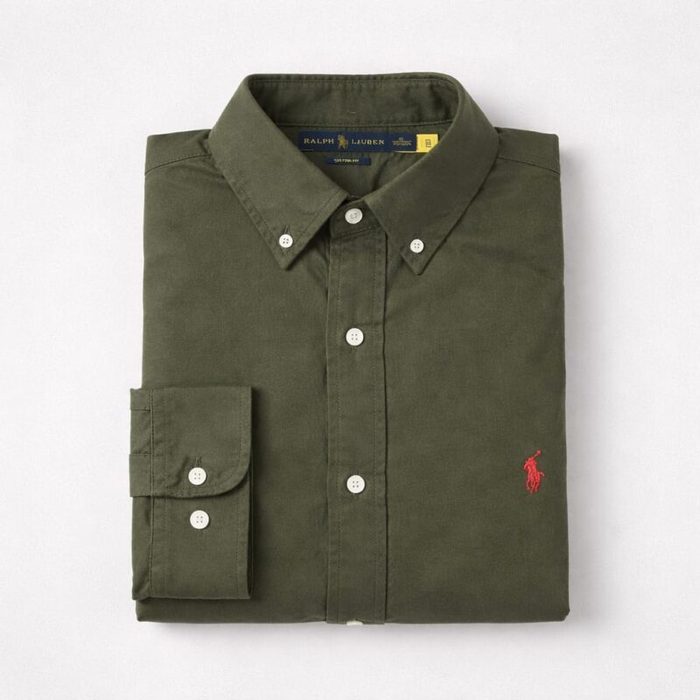 Mens Premium Embroidered Oxford Long Sleeve Shirt Olive Green