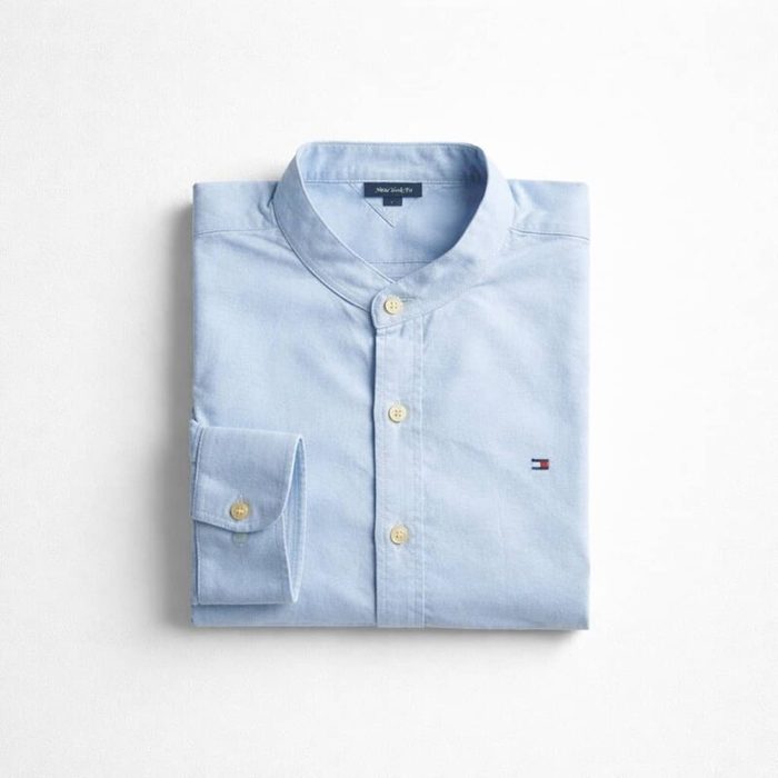 Mens Premium Mandarin Collar Oxford Long Sleeve Shirt Sky Blue