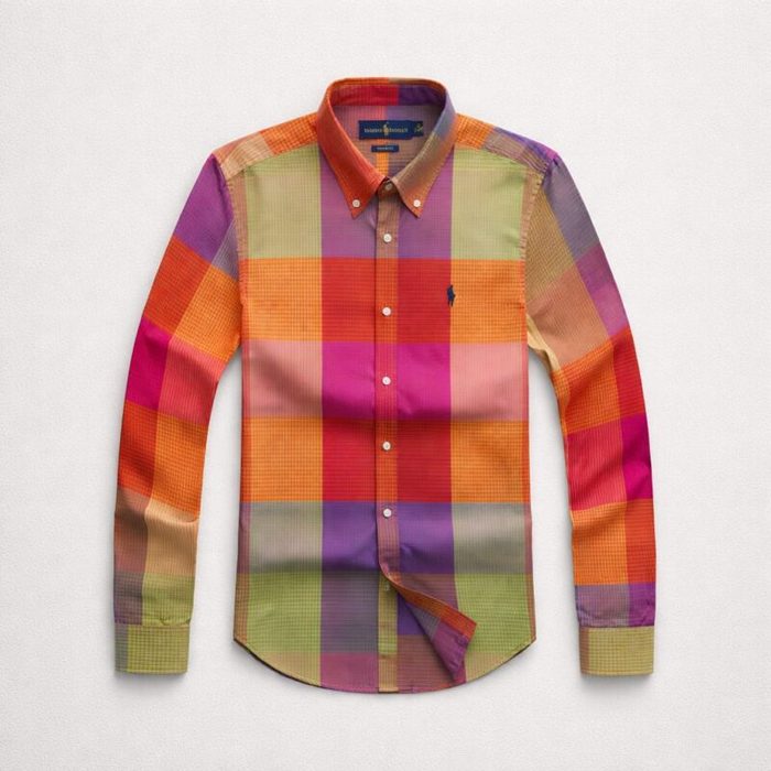 Mens Premium Multi Color Plaid Embroidered Long Sleeve Shirt Orange Pink Green Purple
