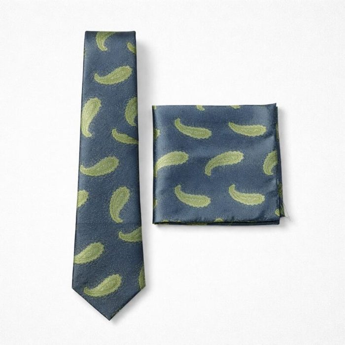 Men’s Premium Paisley Tie & Pocket Square Set – Navy Blue / Sage Green