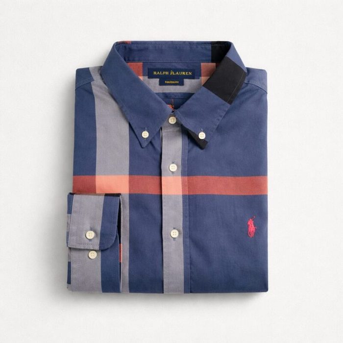 Men’s Premium Plaid Contrast Check Long Sleeve Shirt – Navy Blue — image 1