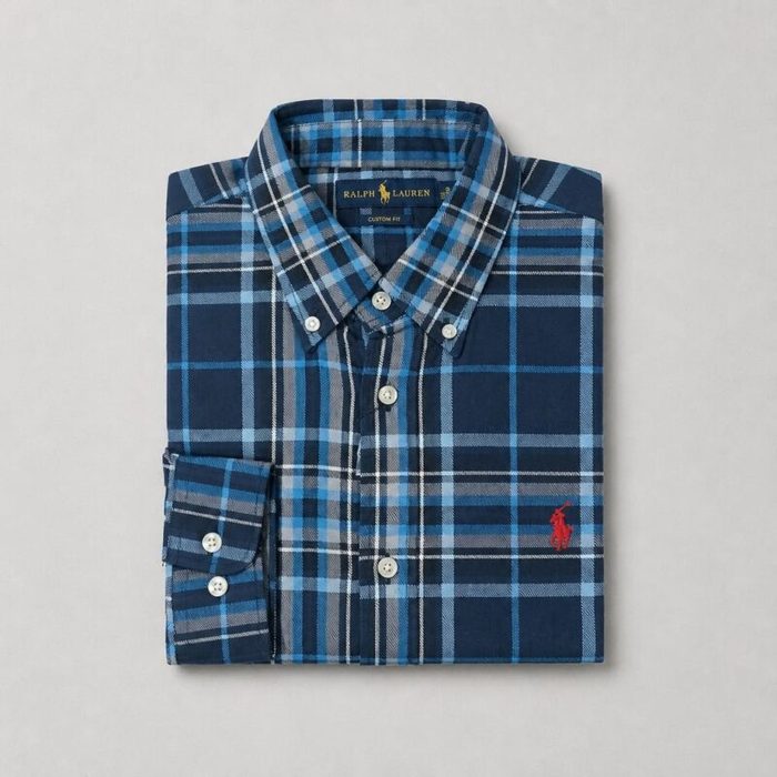 Men’s Premium Plaid Long Sleeve Shirt – Navy Blue/Light Blue/White — image 1