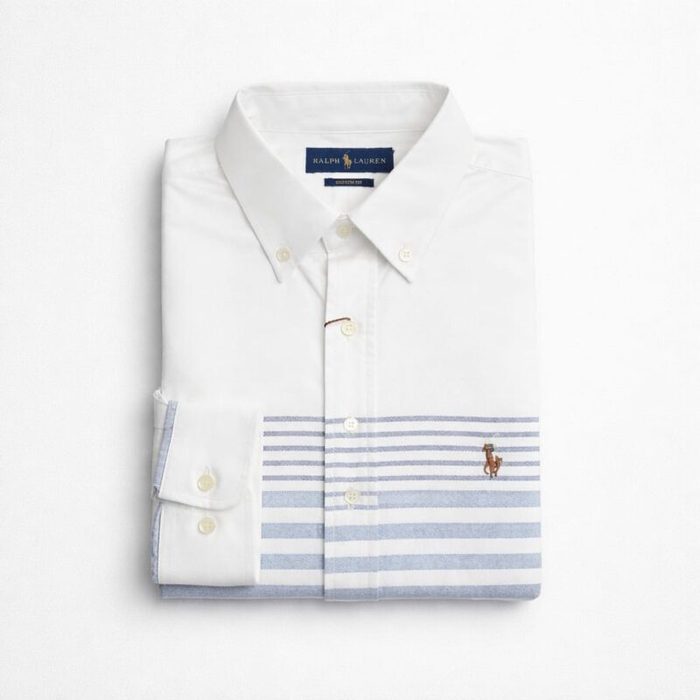 Mens Premium Stripe Panel Long Sleeve Oxford Shirt White Blue Ash