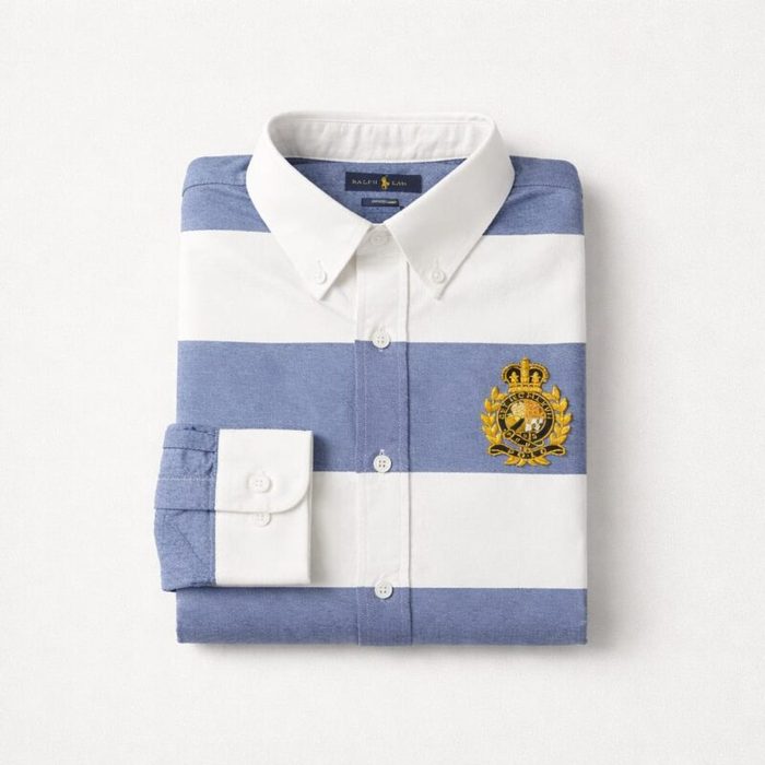Men’s Premium Striped Crested Oxford Long Sleeve Shirt – Grey/Blue