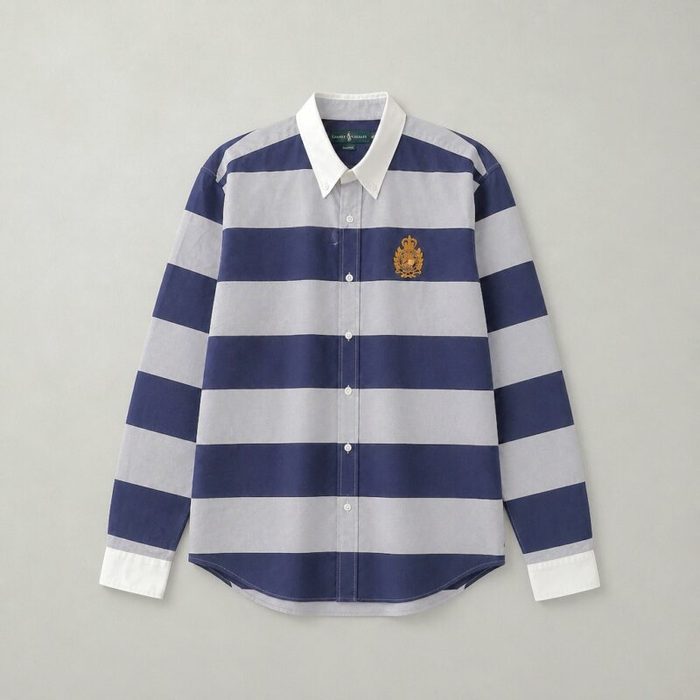 Men’s Premium Striped Crested Oxford Long Sleeve Shirt – Navy Blue / Ash — image 1