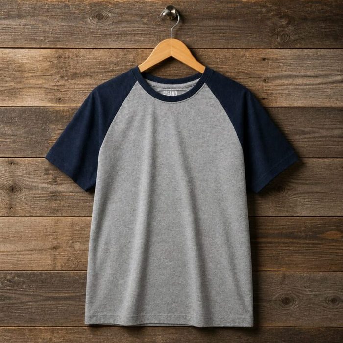 Mens Raglan Sleeve Crew Neck T Shirt Heather Grey Navy