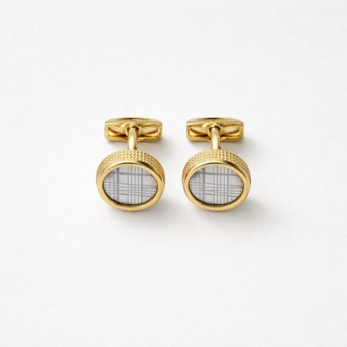 Men’s Round Cufflinks With White Geometric Pattern Inlay – Gold-Tone — image 1
