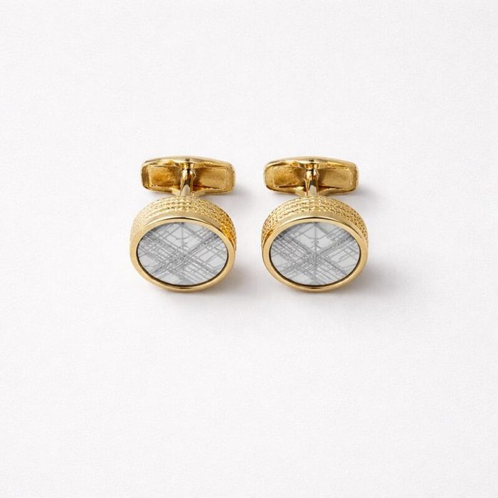 Men’s Round Cufflinks With White Geometric Pattern Inlay – Gold-Tone