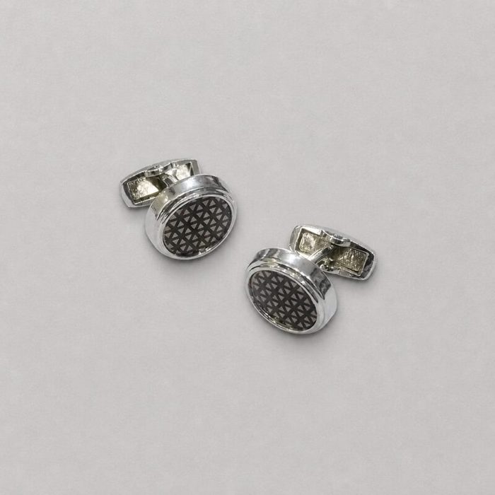 Men’s Silver-Tone Round Geometric Cufflinks – Silver / Black Accent