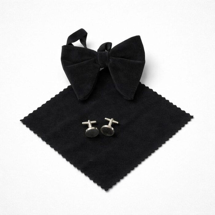 Men’s Suede Butterfly Bow Tie Set, Pocket Square & Cufflinks – Black