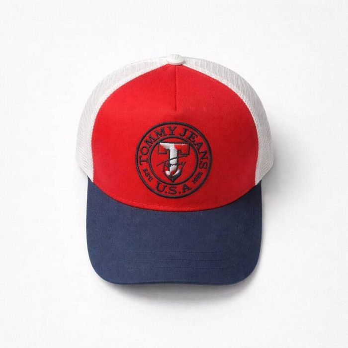 Mens Ventilated Trucker Cap Red White Navy Blue