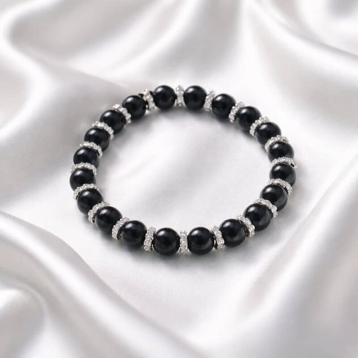 Men’s Black Beaded Bracelet With Crystal Spacers – Black/Silver — image 1