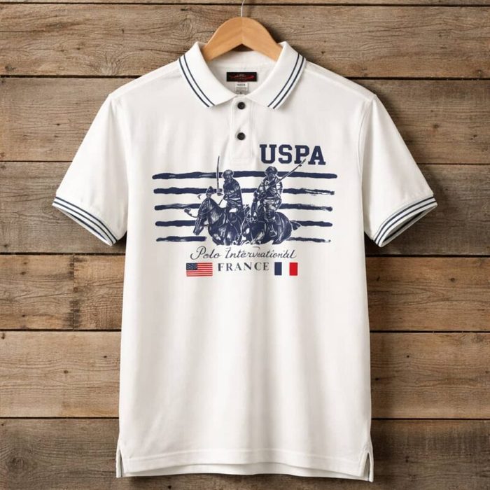 USPA Heritage Graphic Stripped Collar Polo Shirt – White — image 1