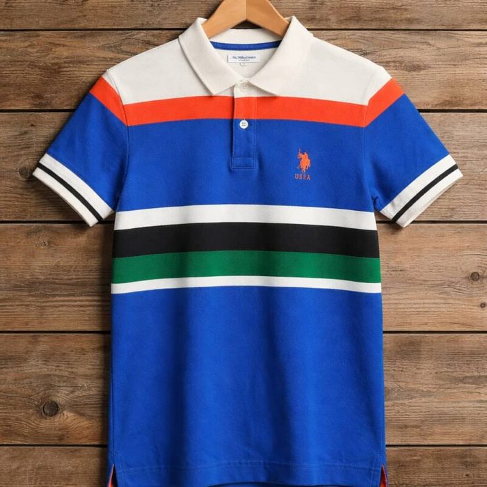 USPA Mens Premium Multi Stripe Color Block Polo Shirt Royal Blue