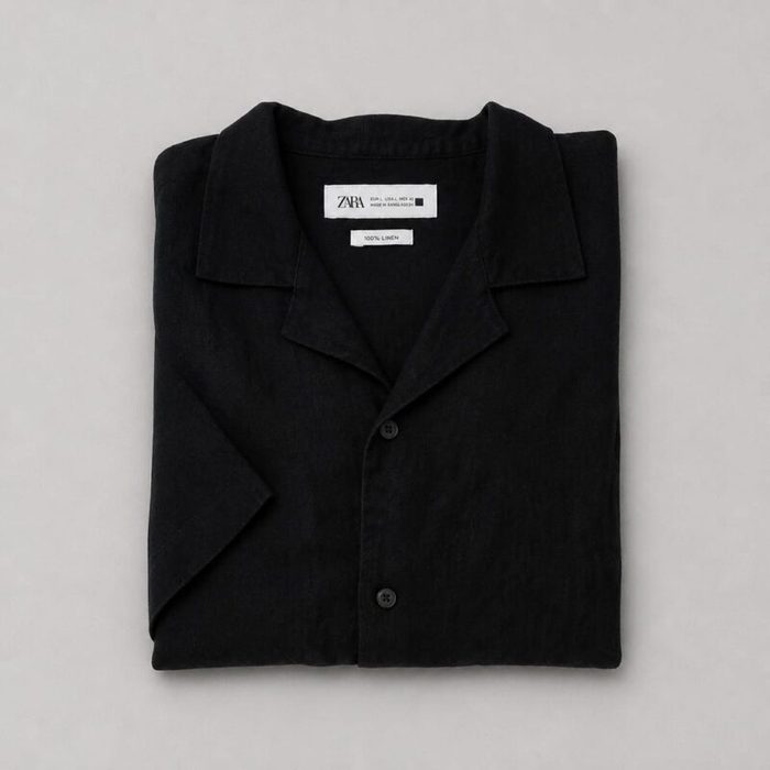 Zara Men’s Black Linen Camp Collar Short Sleeve Shirt – Black — image 1