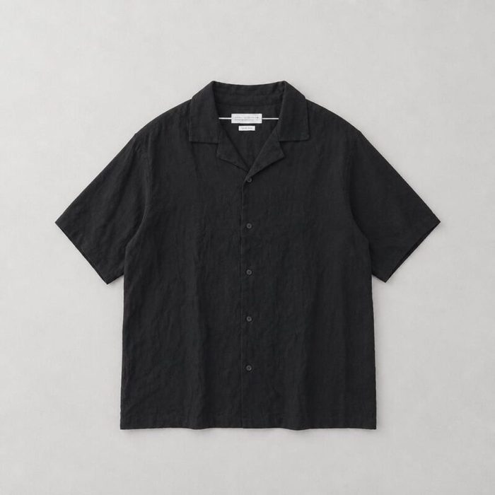 Zara Mens Black Linen Camp Collar Short Sleeve Shirt Black