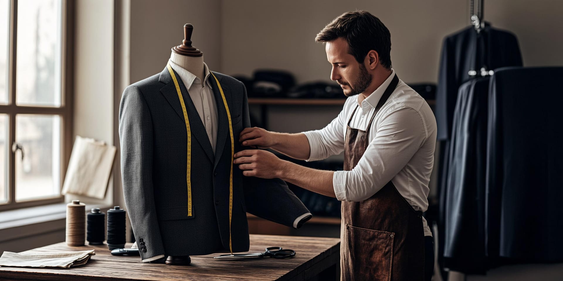 A tailor at work adjusting the sleeve of a men's garment