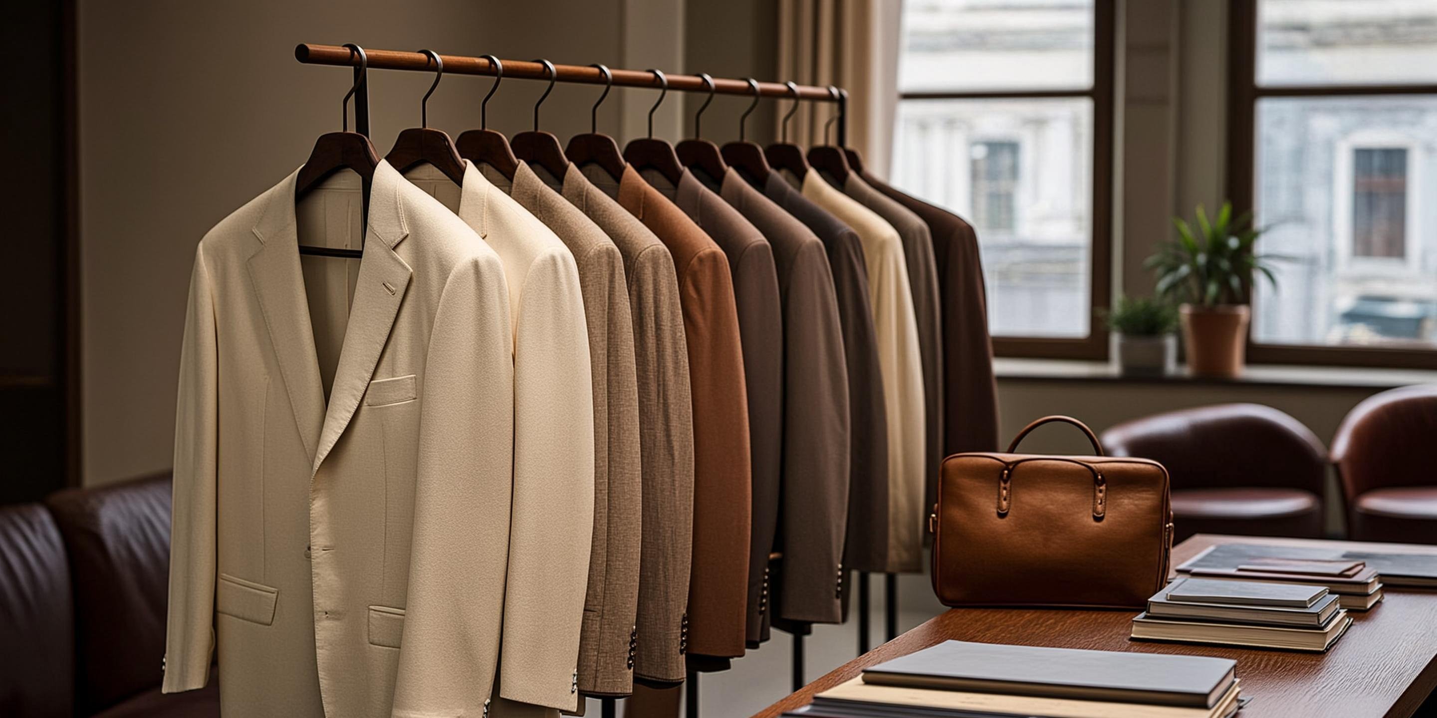 A curated rail of distinguished menswear pieces styled for a personal shopping brief