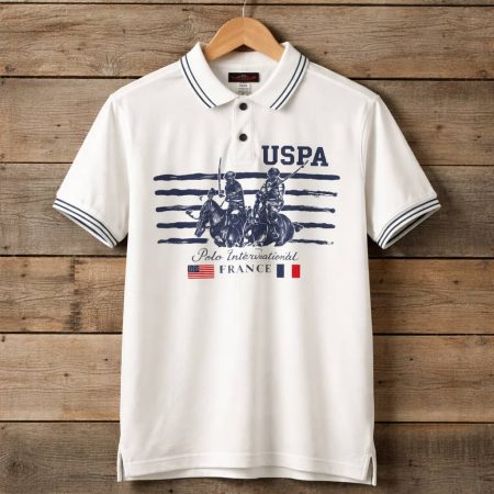 USPA Heritage Graphic Stripped Collar Polo Shirt – White
