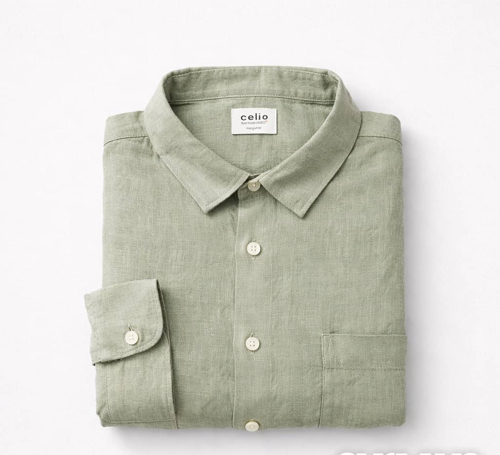 Celio Men's Long Sleeve Linen Shirt - Pale Olive Green