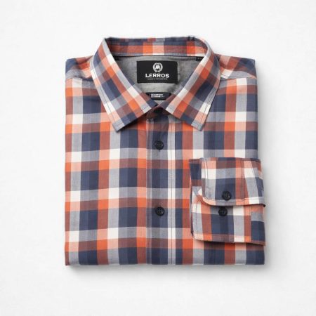 Lerros Men's Plaid Long Sleeve Shirt - Orange/Navy Blue/White