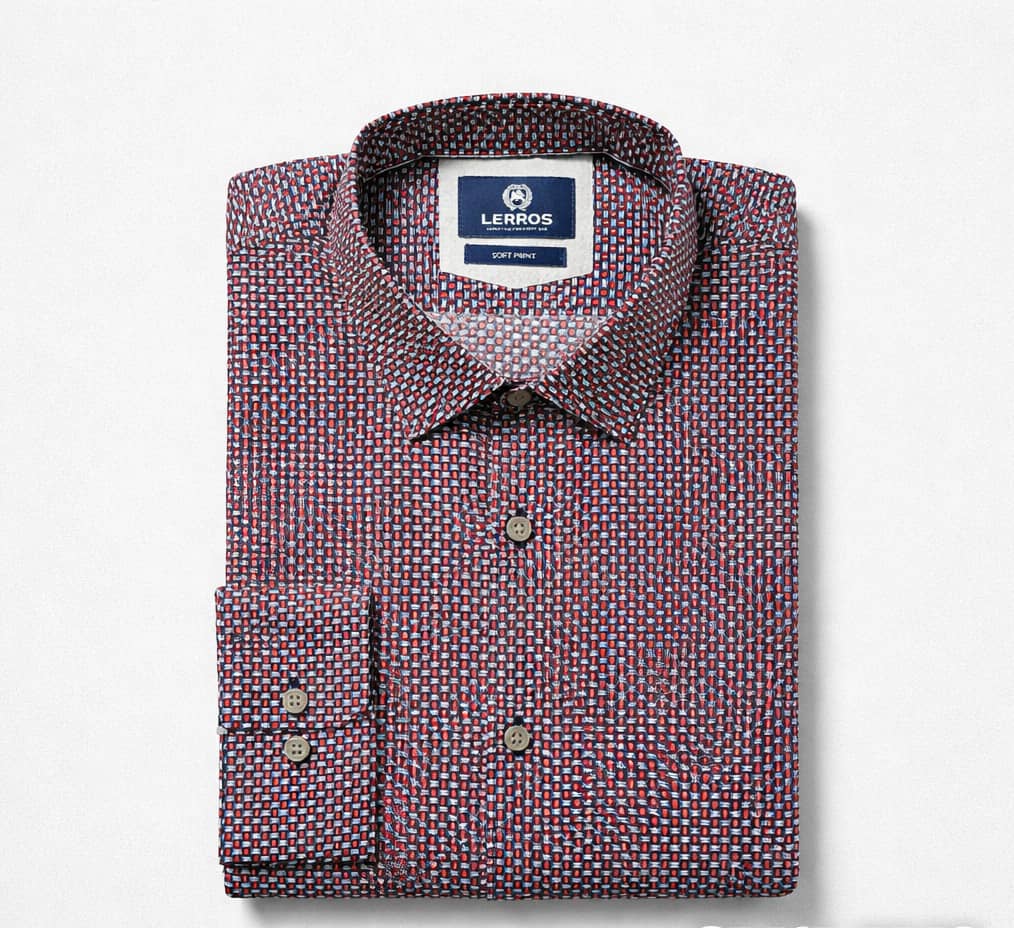 Lerros Men's Micro Geometric Print Multi-Color Long Sleeve Dress Shirt - Red/Navy/White