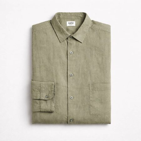 Celio Men's Long Sleeve Linen Shirt - Pale Olive Green