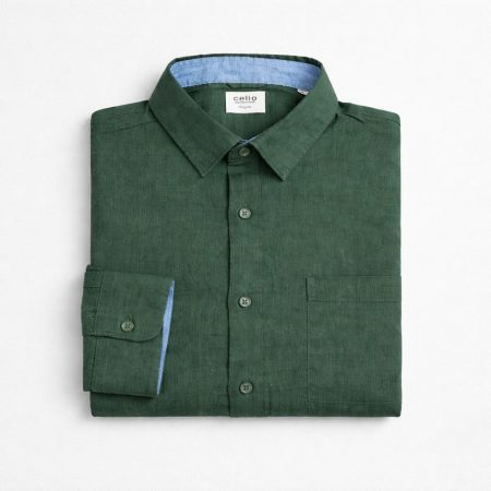 Celio Men’s Linen Contrast Long Sleeve Shirt - Dark Green