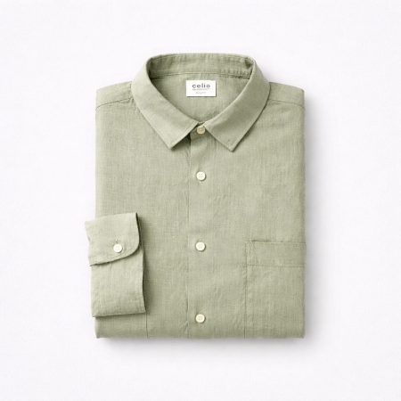 Celio Men's Long Sleeve Linen Shirt - Pale Olive Green