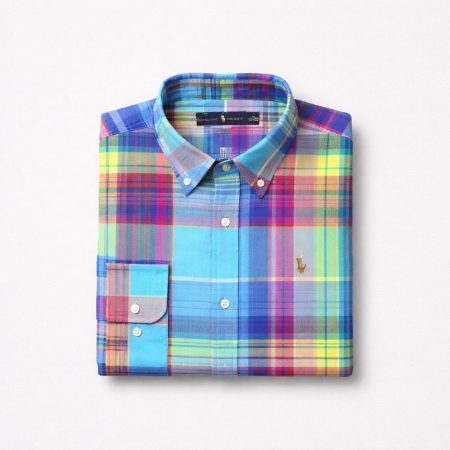 Men's Embroidered Multi-color Plaid Long Sleeve Shirt - Turquoise/Pink Multi