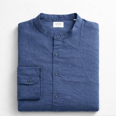 Celio Men’s Band Collar Linen Long Sleeve Shirt - Blue