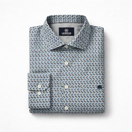 Lerros Geometric Print Multi-color Long Sleeve Dress Shirt - Blue/Teal/White