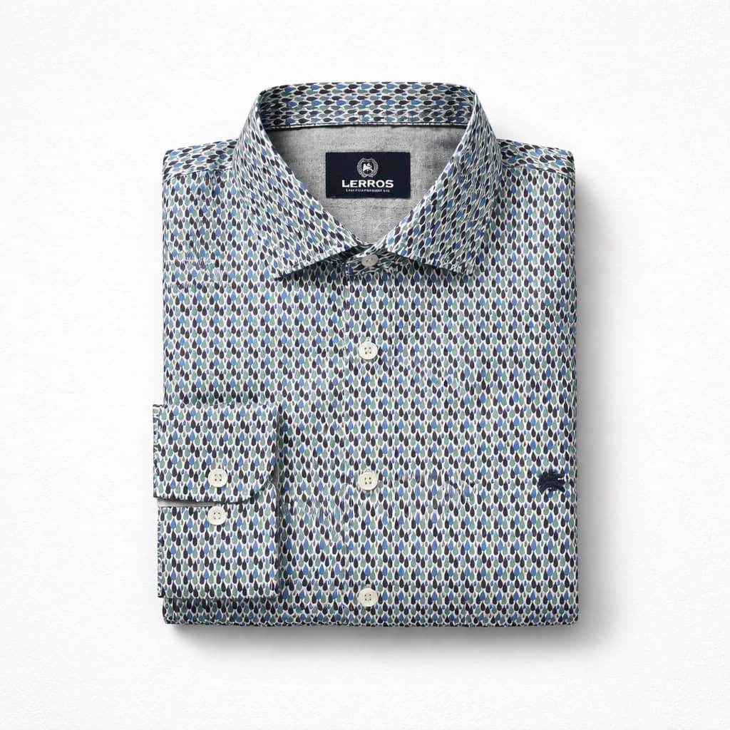 Lerros Geometric Print Multi-color Long Sleeve Dress Shirt - Blue/Teal/White