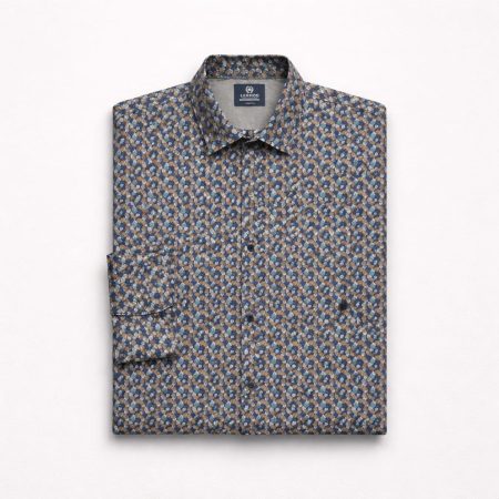 Lerros Men’s Multi-color Abstract Print Long Sleeve Dress Shirt - Navy Blue/Brown/Teal/White