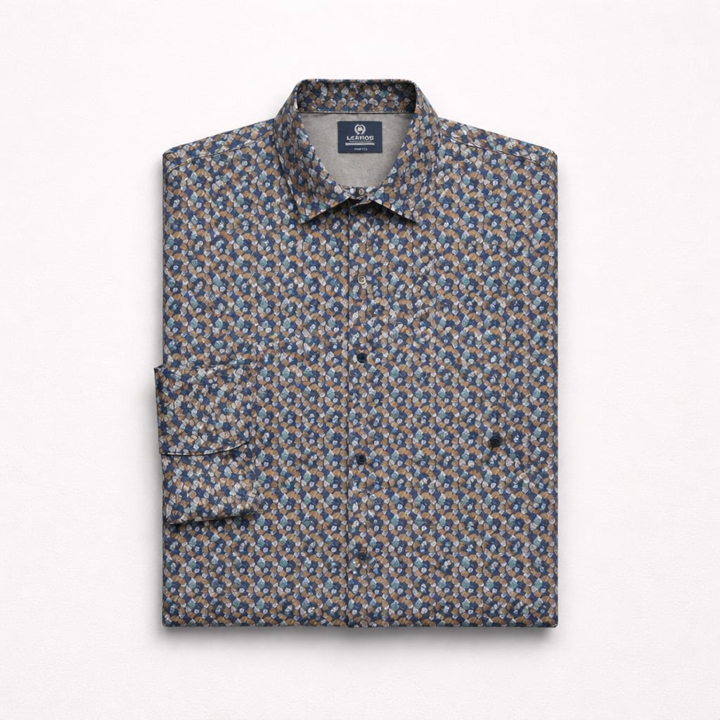 Lerros Men’s Multi-color Abstract Print Long Sleeve Dress Shirt - Navy Blue/Brown/Teal/White