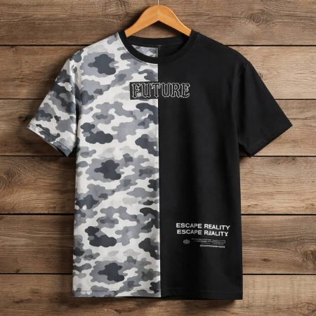 Men's Urban Split-Panel Graphic Crew Neck T-Shirt – Black / Camo