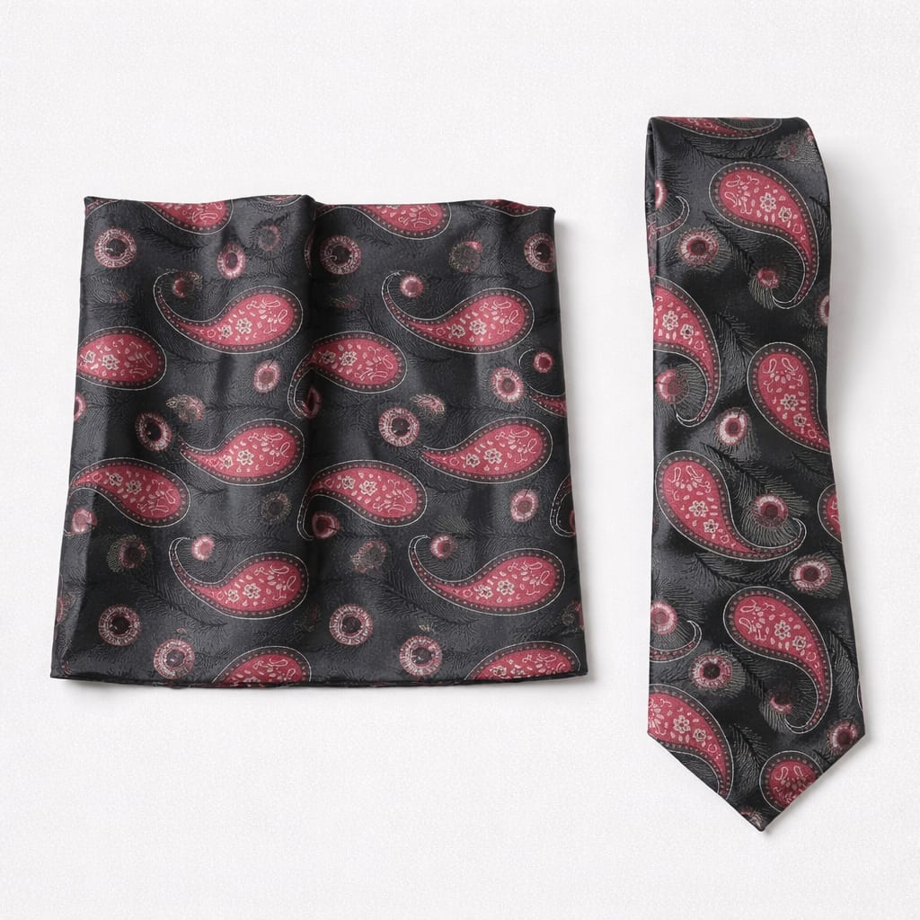 Men’s Classic Paisley Tie & Pocket Square Set - Black/Red Paisley