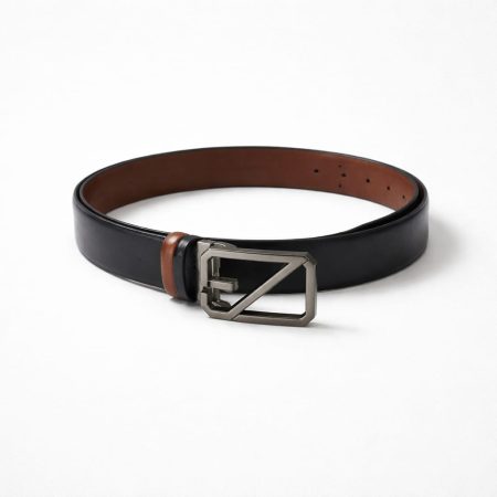 Men's Geometric Contrast Keeper Buckle Leather Belt - Black