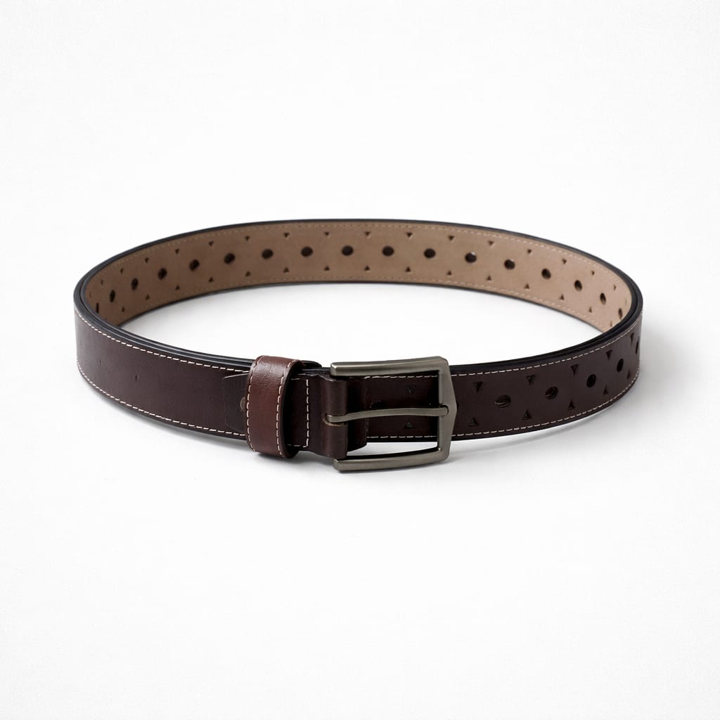 Men's Classic Perforated Double Keeper Leather Buckle Belt - Brown