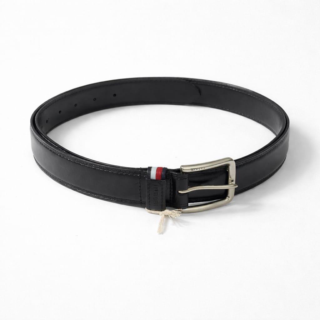 Men's Premium Stripped Leather Buckle Belt - Black