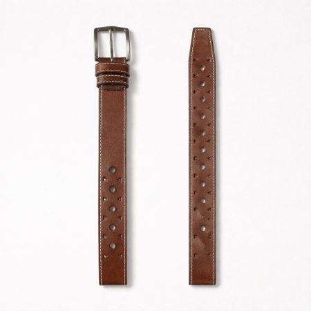 Men's Classic Perforated Double Keeper Leather Buckle Belt - Brown
