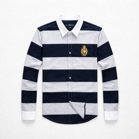 Men's Premium Striped Crested Oxford Long Sleeve Shirt - Navy Blue / Grey