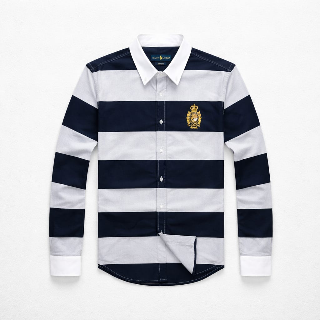 Men's Premium Striped Crested Oxford Long Sleeve Shirt - Navy Blue / Grey