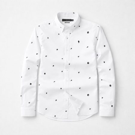 Men's Premium Printed Embroidered Oxford Long Sleeve Shirt - White