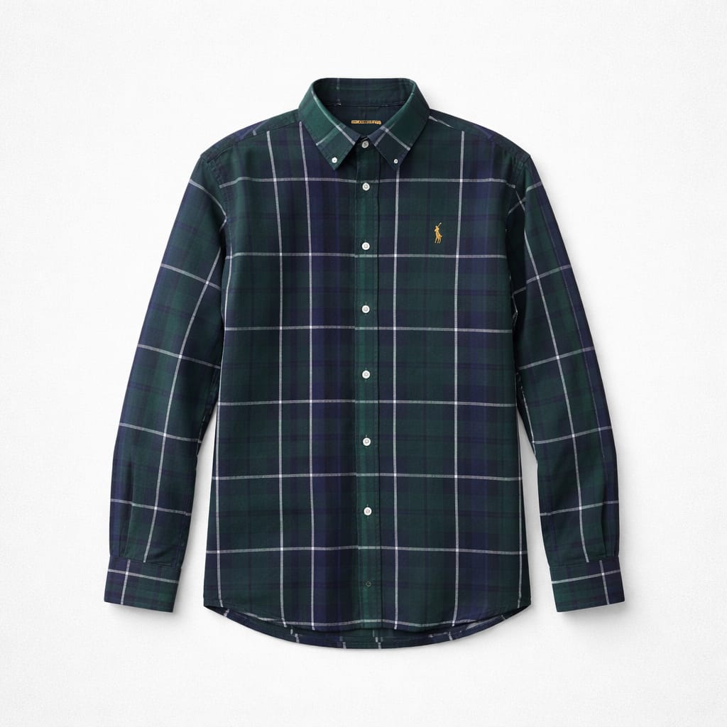 Men's Premium Tartan Plaid Embroidered Long Sleeve Shirt - Forest Green