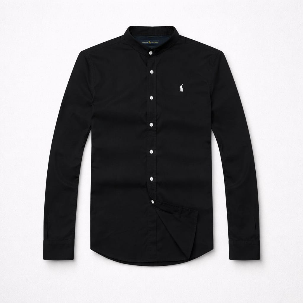 Men's Premium Mandarin Collar Oxford Long Sleeve Shirt - Black