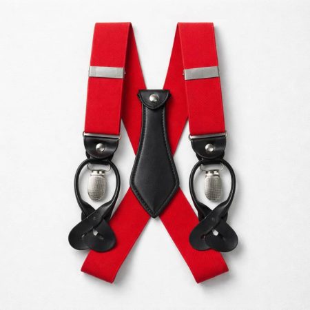 Men’s Elastic Clip-On Leather Y-Back / Metal Hardware Suspenders - Red